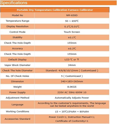 Arionyx 50℃ ~ 650℃ Portable Dry Temperature Calibration Furnace Calibrator Calibrator NM-650D in Kuwait