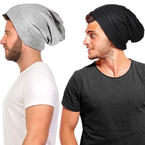 Geyoga 2 Pcs Silk Satin Bonnet for Sleeping Men Silk Satin Beanie with Adjustable Elastic Band for Curly Hair(Black, Gray) in Kuwait