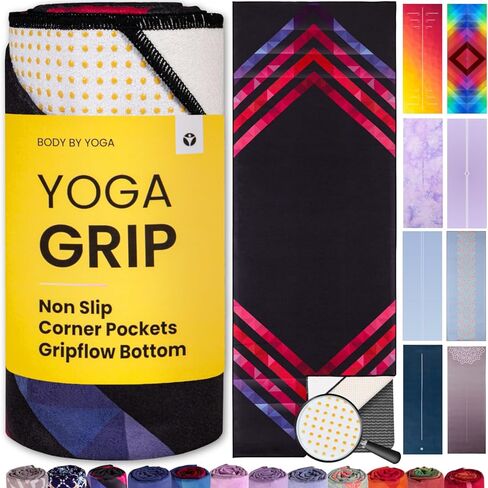 Yoga Grip Yoga Towel - Non Slip Hot Yoga Mat Towel With Corner Pockets, No-Skid Grip, and Built-in Alignment Lines | Soft, Moisture Wicking, and Sweat Absorbent | No Bunching, Stays in Place 72" x 25" in Kuwait