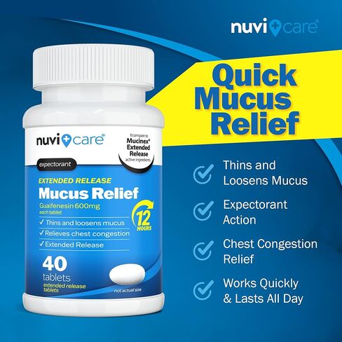 نوفيكير تخفيف المخاط المقشع 600 مجم - 12 ساعة ممتدة الإصدار جوايفينيسين 600 مجم أقراص - تنظيف الحلق والبلغم وتخفيف احتقان الصدر للبالغين - مقارنة بأقراص المخاط (40 قطعة) in Kuwait