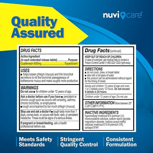 NUVICARE Expectorant Mucus Relief 600 mg – 12 Hour Extended Release Guaifenesin 600 mg Tablets – Clear Throat, Phlegm and Chest Congestion Relief for Adults – Compare to MucusTablets (40 Count) in Saudi Arabia