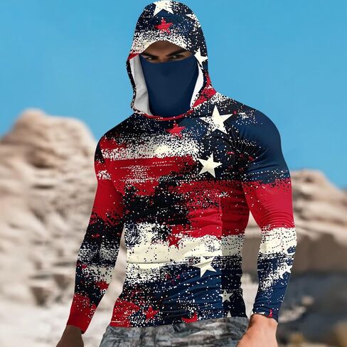 Mens Hooded Sun Shirts Uv Protection Long Sleeve Fishing Face Mask USA Flag 4th July American Pride Camo Patriotic T in Saudi Arabia