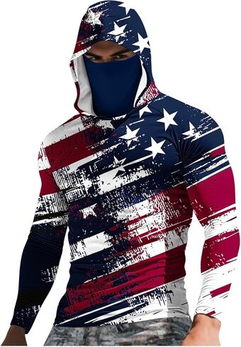 Mens Hooded Sun Shirts Uv Protection Long Sleeve Fishing Face Mask USA Flag 4th July American Pride Camo Patriotic T in Saudi Arabia