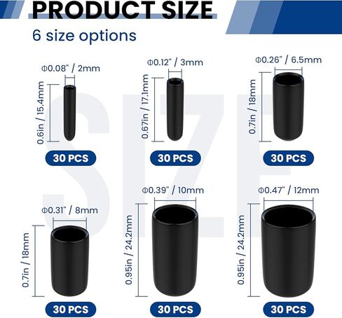 180Pcs Rubber End Caps, 6 Sizes (2mm, 3mm, 6.5mm, 8mm, 10mm, 12mm) Vinyl Screw Thread Protectors, Round Black Tip Caps for DIY & Industrial Use in Saudi Arabia