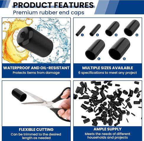 180Pcs Rubber End Caps, 6 Sizes (2mm, 3mm, 6.5mm, 8mm, 10mm, 12mm) Vinyl Screw Thread Protectors, Round Black Tip Caps for DIY & Industrial Use in Saudi Arabia