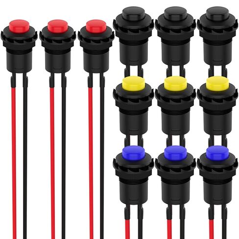 12 قطعة مفتاح زر ضغط 12 مم، SPST ON/Off AC 250V/1.5A 125V/3A مفتاح صغير ذاتي القفل مع سلك ملحوم مسبقًا (4 ألوان) in Kuwait