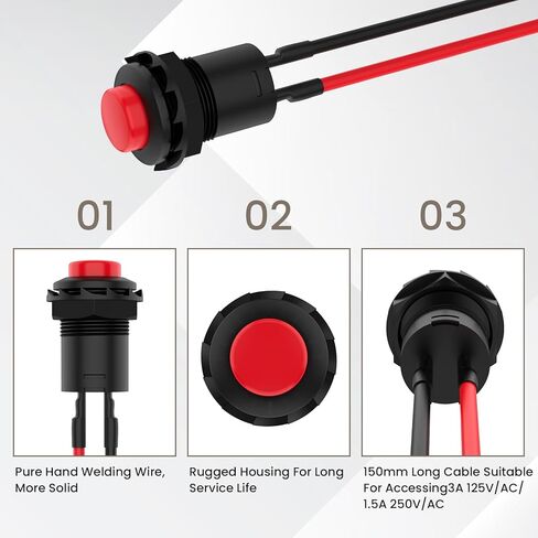 12 قطعة مفتاح زر ضغط 12 مم، SPST ON/Off AC 250V/1.5A 125V/3A مفتاح صغير ذاتي القفل مع سلك ملحوم مسبقًا (4 ألوان) in Kuwait