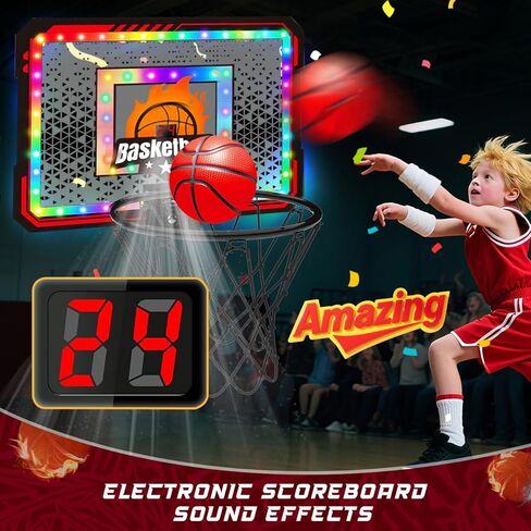Indoor Basketball Hoop, Mini Basketball Hoop for Door, Electronic Pro Score Board with Automatic Sound & LED Light, Room Sport Set Toy Gift for 3+ Kids Teens & Adults with 3 Balls & Air Pump in Saudi Arabia