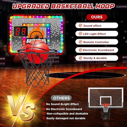 Indoor Basketball Hoop, Mini Basketball Hoop for Door, Electronic Pro Score Board with Automatic Sound & LED Light, Room Sport Set Toy Gift for 3+ Kids Teens & Adults with 3 Balls & Air Pump in Saudi Arabia