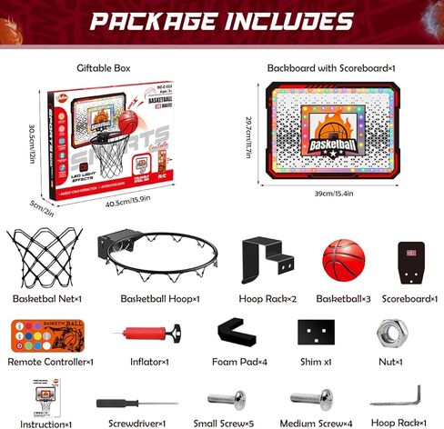 Indoor Basketball Hoop, Mini Basketball Hoop for Door, Electronic Pro Score Board with Automatic Sound & LED Light, Room Sport Set Toy Gift for 3+ Kids Teens & Adults with 3 Balls & Air Pump in Saudi Arabia