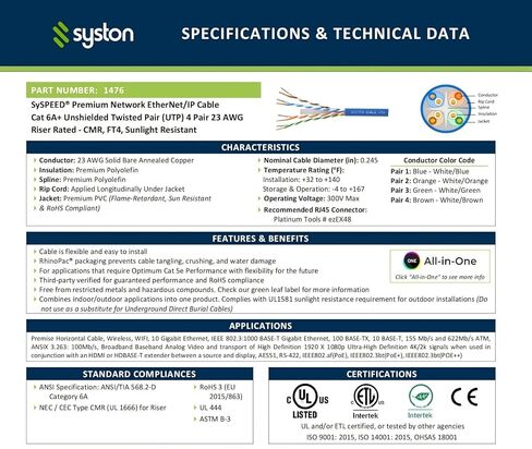 Syston Cable Tech Cat6a+ Bulk Raw Ethernet Cable Blue Bulk 700MHz 30 ft 23awg 4pr unshealdered twielded utp solid bare copper riser cmr heat uv resistance ordoor ourdoor order to cut to cut to cut to cut in Kuwait