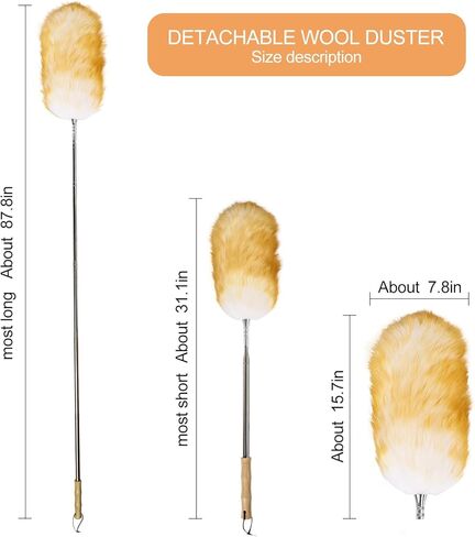 Extendable Lambswool Feather Duster 31-88 Inch, Anti-Static Wool Duster for Cleaning with Stainless Steel Pole - Ideal for High Ceilings, Fans, Interior & Roof (Yellow & White) in Saudi Arabia