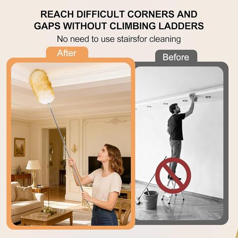Extendable Lambswool Feather Duster 31-88 Inch, Anti-Static Wool Duster for Cleaning with Stainless Steel Pole - Ideal for High Ceilings, Fans, Interior & Roof (Yellow & White) in Saudi Arabia