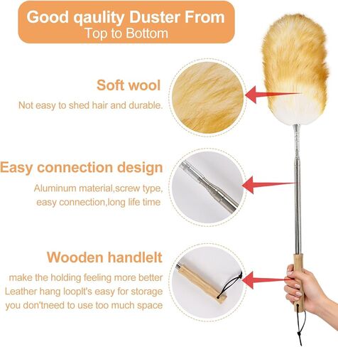 Extendable Lambswool Feather Duster 31-88 Inch, Anti-Static Wool Duster for Cleaning with Stainless Steel Pole - Ideal for High Ceilings, Fans, Interior & Roof (Yellow & White) in Saudi Arabia