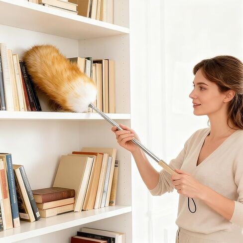 Extendable Lambswool Feather Duster 31-88 Inch, Anti-Static Wool Duster for Cleaning with Stainless Steel Pole - Ideal for High Ceilings, Fans, Interior & Roof (Yellow & White) in Saudi Arabia
