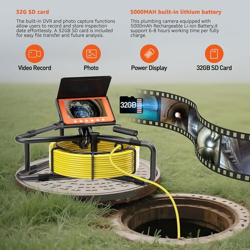 Sewer Camera 100FT, Sewer Pipe Inspection Camera,can Zoom in and Out, 5" 1080P Screen & DVR, 5000mAh Battery, IP68 Waterproof, 6 LED Lights, 32GB Card in Saudi Arabia
