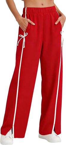 Hongsui Women's Striped Wide Leg Pants Bow Tie Knot Sweatpants Elastic Waist Baggy Track Pants with Pockets in Kuwait