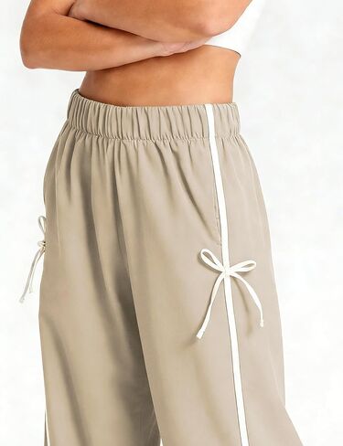 Hongsui Women's Striped Wide Leg Pants Bow Tie Knot Sweatpants Elastic Waist Baggy Track Pants with Pockets in Saudi Arabia