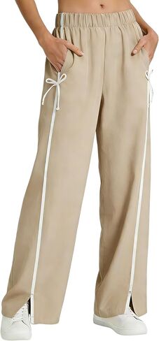 Hongsui Women's Striped Wide Leg Pants Bow Tie Knot Sweatpants Elastic Waist Baggy Track Pants with Pockets in Saudi Arabia