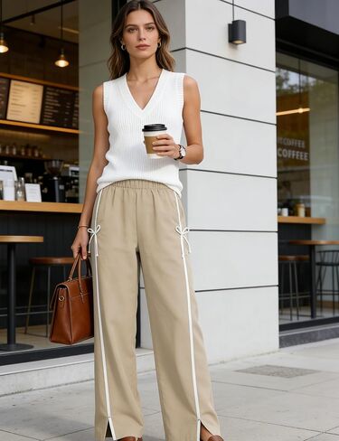 Hongsui Women's Striped Wide Leg Pants Bow Tie Knot Sweatpants Elastic Waist Baggy Track Pants with Pockets in Saudi Arabia