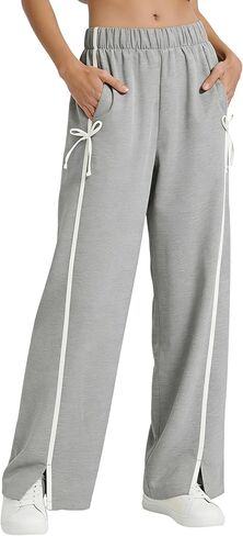 Hongsui Women's Striped Wide Leg Pants Bow Tie Knot Sweatpants Elastic Waist Baggy Track Pants with Pockets in Saudi Arabia