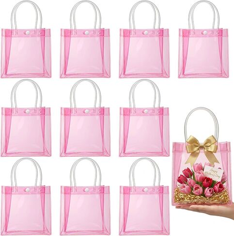 MAQIHAN Clear Gift Bags with Handles - 9PCS Transparent Mini Tote Bags Pink 5.9x6.3 Inches Reusable Plastic Goodie Bags for Birthday Party Gifts, Princess Theme Small Treats in Saudi Arabia