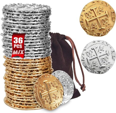 Large Metal Pirate Coins –Gold Treasure Coin Set, Metal Replica Spanish Doubloons for Board Games, Tokens, Toys, Cosplay – Realistic Money Imitation for Treasure Chest (Gold and Silver 102 PCS) in Kuwait