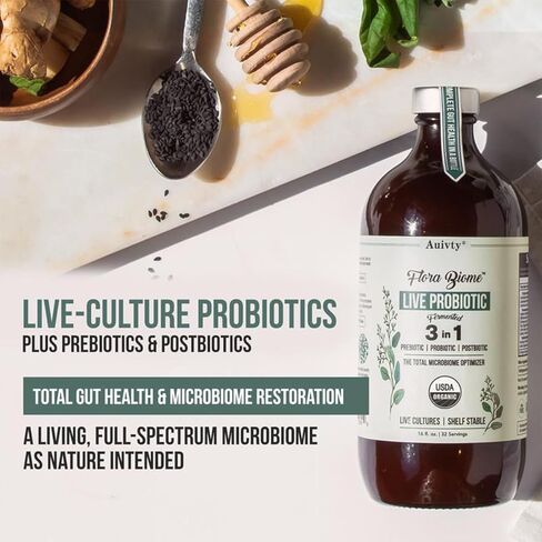 Flora Biome Live Probiotic Liquid, 3-in-1 Probiotic + Prebiotic + Postbiotic, 30 Billion CFU (at Time of Manufacture), 10 Strains, Fermented Herbal Blend with 18 Herbs, Shelf Stable, 16 fl oz in Kuwait