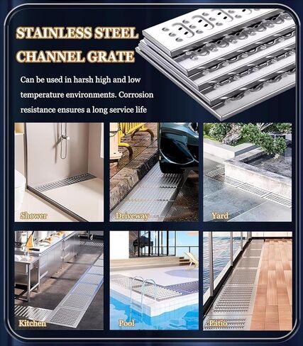 Concrete Permeable Grating 304 Stainless Steel Channel Drain Cover for Driveway Grating (Pack of 6) Underground Drainage Trough(58x25x2.5cm/22.83x9.84x0.98in) in Saudi Arabia