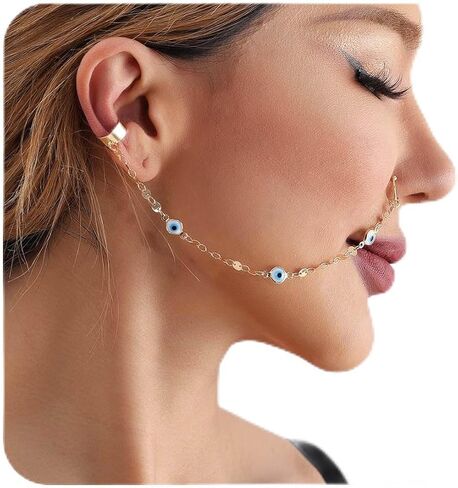 Zeshimb Punk Fake Nose Ring Hoop Ethnic Nose Rings with Chain Tassel Non-Piercing Gold Sequins Nose to Ear Chain Jewelry Indian Nose Ring Studs Nostril Body Accessories for Women Girls in Saudi Arabia