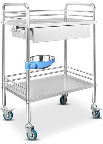 Stainless Steel Medical Cart for Labs, Hospitals & Spas - 2 Shelves & 1 Drawer, Mobile Dental Lab Trolley on Wheels, Durable & Versatile Cart for Offices & Beauty Salons in Saudi Arabia