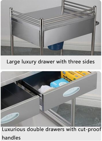 Premium Stainless Steel 2-Tier Lab Medical Cart with Drawer - Reliable Rolling Trolley for Labs, Hospitals & Clinics - Max Load 100kg - Convenient & Versatile Equipment S in Saudi Arabia