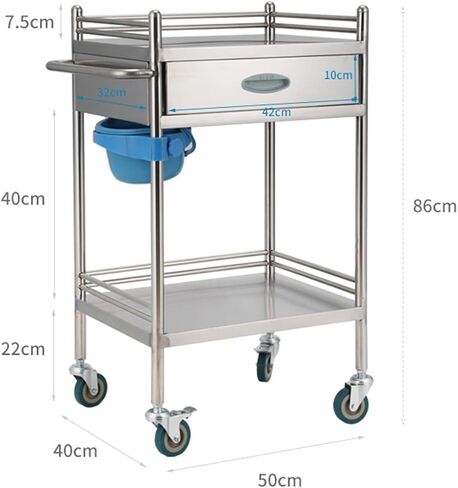 Premium Stainless Steel 2-Tier Lab Medical Cart with Drawer - Reliable Rolling Trolley for Labs, Hospitals & Clinics - Max Load 100kg - Convenient & Versatile Equipment S in Saudi Arabia
