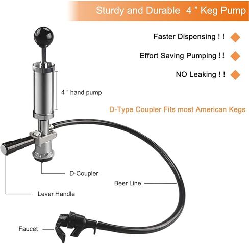 Gecheer Beer Keg Pump 4in D System Chrome Iron with Faucet & Hose for Easy Draft Dispensing at Parties, Picnics, Weddings – Durable Sealing Tap for Domestic Kegs in Kuwait