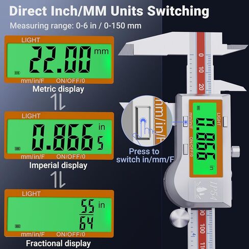 Preciva Digital Caliper Measuring Tool, Stainless Steel Digital Micrometer Vernier Caliper, with Backlight LCD, Auto-Off Feature, IP54 Splash Proof Protection and Inch Metric Conversion 6 Inch/150 mm in Kuwait