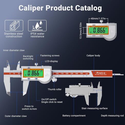 Preciva Digital Caliper Measuring Tool, Stainless Steel Digital Micrometer Vernier Caliper, with Backlight LCD, Auto-Off Feature, IP54 Splash Proof Protection and Inch Metric Conversion 6 Inch/150 mm in Kuwait