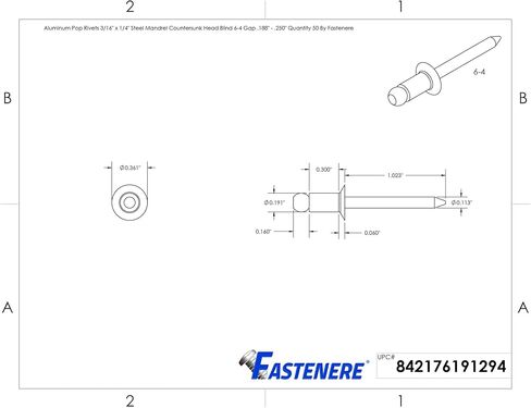 Fastenere Pop Rivets - 3/16 بوصة × 1/4 بوصة (50 قطعة) شديدة التحمل، نهاية مفتوحة، ألومنيوم، مسامير برشام عمياء على شكل قبة، مقاومة للتآكل وقوة قص عالية، 6-4 فجوة .188 بوصة - .250 بوصة in Saudi Arabia