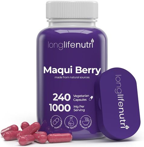 LongLifeNutri Maqui Berry 1000 mg - 240 كبسولة نباتية (كمية تكفي لمدة 4 أشهر)، فاكهة عضوية مضادة للأكسدة، نباتية، غير معدلة وراثيًا، مصنوعة في الولايات المتحدة الأمريكية in Saudi Arabia
