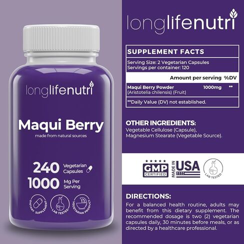 LongLifeNutri Maqui Berry 1000 mg - 240 كبسولة نباتية (كمية تكفي لمدة 4 أشهر)، فاكهة عضوية مضادة للأكسدة، نباتية، غير معدلة وراثيًا، مصنوعة في الولايات المتحدة الأمريكية in Saudi Arabia