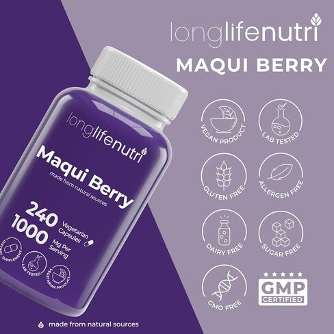 LongLifeNutri Maqui Berry 1000 mg - 240 كبسولة نباتية (كمية تكفي لمدة 4 أشهر)، فاكهة عضوية مضادة للأكسدة، نباتية، غير معدلة وراثيًا، مصنوعة في الولايات المتحدة الأمريكية in Saudi Arabia