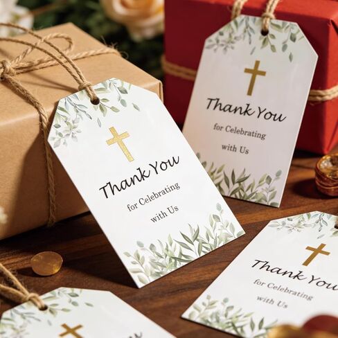 50 Pcs Green Leaves Baptism Thank You Tags 2.2 x 3.5inch God Blessed Cross Gift Tag with String for Birthday DIY Craft Party Favor Newborn Baby Shower Birthday Bridal Shower and Wedding (English) in Saudi Arabia