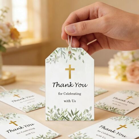 50 Pcs Green Leaves Baptism Thank You Tags 2.2 x 3.5inch God Blessed Cross Gift Tag with String for Birthday DIY Craft Party Favor Newborn Baby Shower Birthday Bridal Shower and Wedding (English) in Saudi Arabia