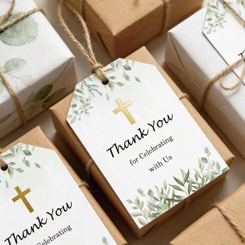 50 Pcs Green Leaves Baptism Thank You Tags 2.2 x 3.5inch God Blessed Cross Gift Tag with String for Birthday DIY Craft Party Favor Newborn Baby Shower Birthday Bridal Shower and Wedding (English) in Saudi Arabia