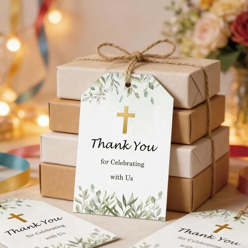 50 Pcs Green Leaves Baptism Thank You Tags 2.2 x 3.5inch God Blessed Cross Gift Tag with String for Birthday DIY Craft Party Favor Newborn Baby Shower Birthday Bridal Shower and Wedding (English) in Saudi Arabia