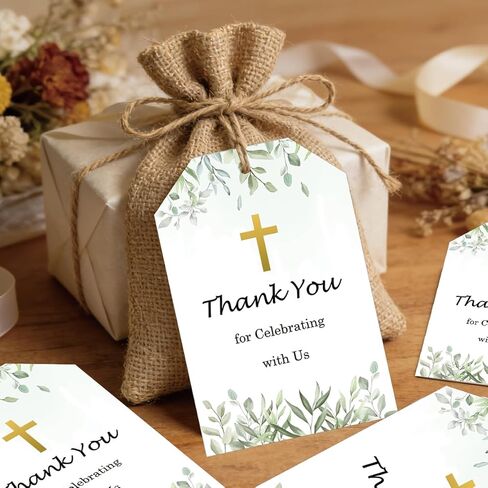 50 Pcs Green Leaves Baptism Thank You Tags 2.2 x 3.5inch God Blessed Cross Gift Tag with String for Birthday DIY Craft Party Favor Newborn Baby Shower Birthday Bridal Shower and Wedding (English) in Saudi Arabia