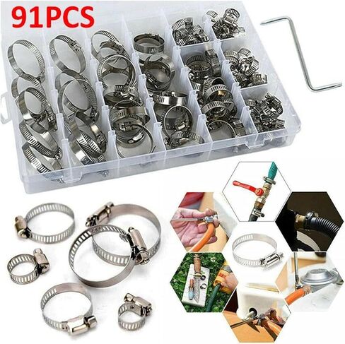Clamps,Hose Clamps, 91PCS Hose Clamps Stainless Steel Rustproof Clamp Set For Fixing Pipe Hoses, 8-44mm, Silver in Saudi Arabia