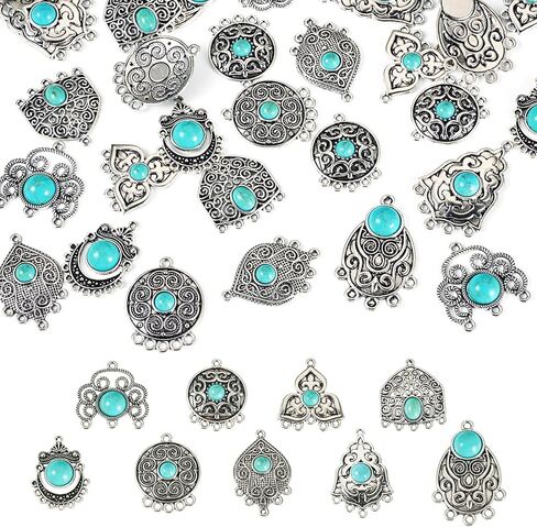 Beadthoven 48pcs سحر الفيروز السحر الغربي لمجوهرات صنع المعلقات الحجرية الفيروزية الفضية التبتية لقرط البوهيمي الذي يصنع الحرف اليدوية DIY الصيف in Kuwait