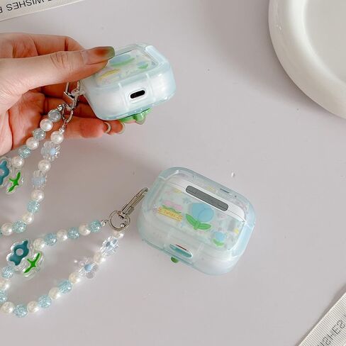 حافظة بنمط أوراق التوليب الزرقاء الشفافة لأجهزة AirPods الجيل الثالث 2021، ملحقات غطاء حافظة ممتصة للصدمات مع قلادة حافظة واقية كاملة للنساء والرجال والبنات والأولاد in Kuwait