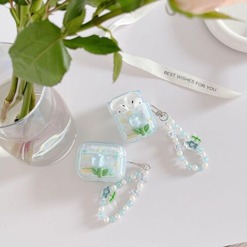 حافظة بنمط أوراق التوليب الزرقاء الشفافة لأجهزة AirPods الجيل الثالث 2021، ملحقات غطاء حافظة ممتصة للصدمات مع قلادة حافظة واقية كاملة للنساء والرجال والبنات والأولاد in Kuwait