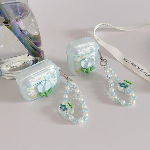 حافظة بنمط أوراق التوليب الزرقاء الشفافة لأجهزة AirPods الجيل الثالث 2021، ملحقات غطاء حافظة ممتصة للصدمات مع قلادة حافظة واقية كاملة للنساء والرجال والبنات والأولاد in Kuwait